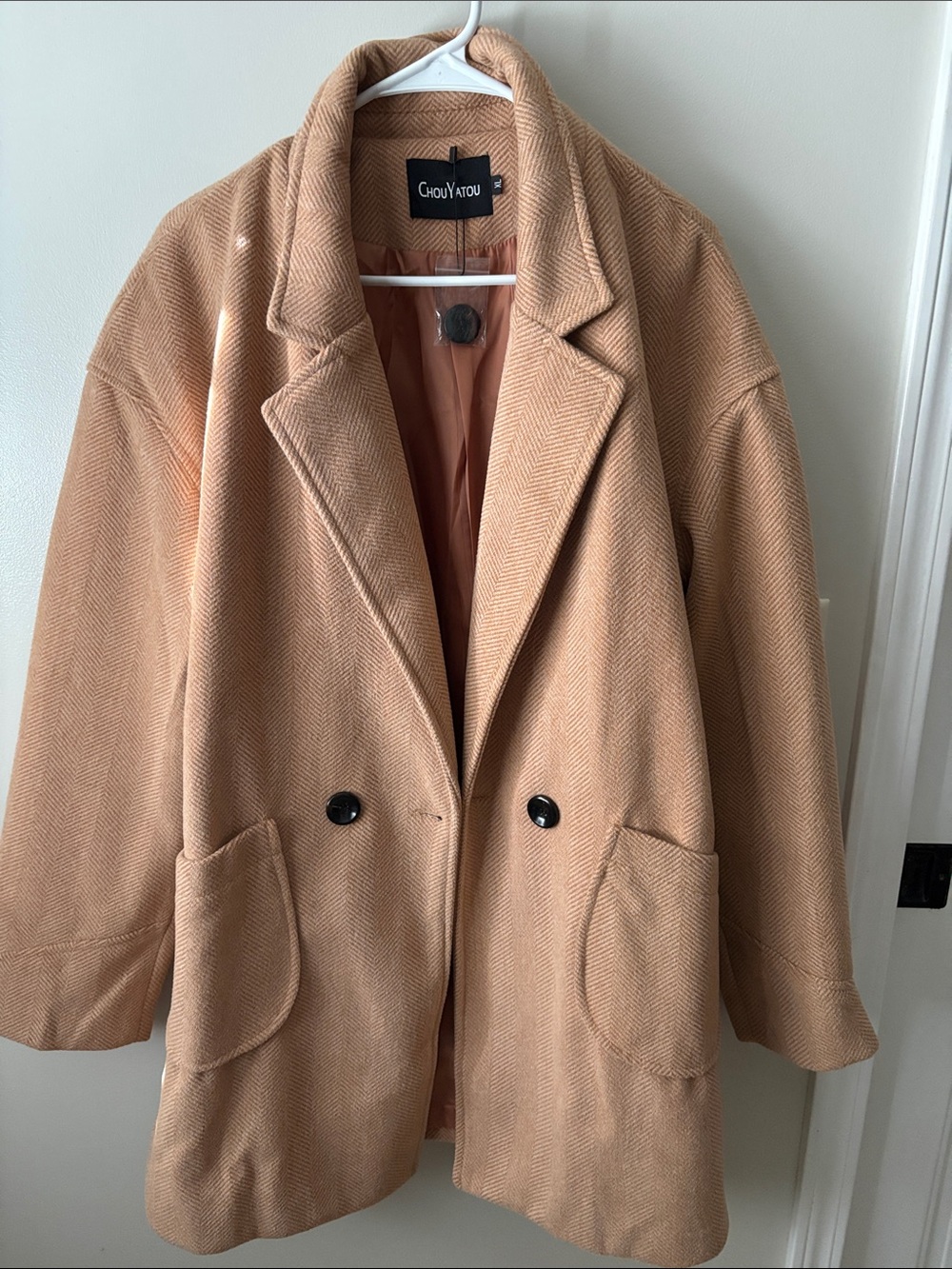 Chouyatou Women's Tan Pea Coat - Oversized Wool-Blend Jacket